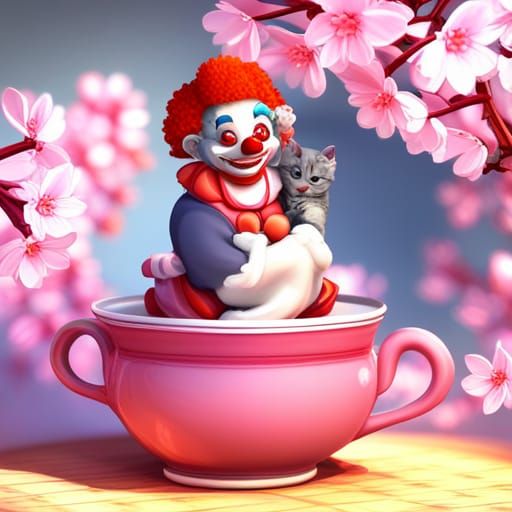 Clown and Kitten Under Sakura Tree: 3D Art