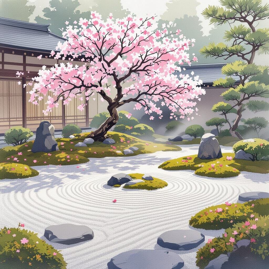Zen Garden with Cherry Tree in Japanese Style