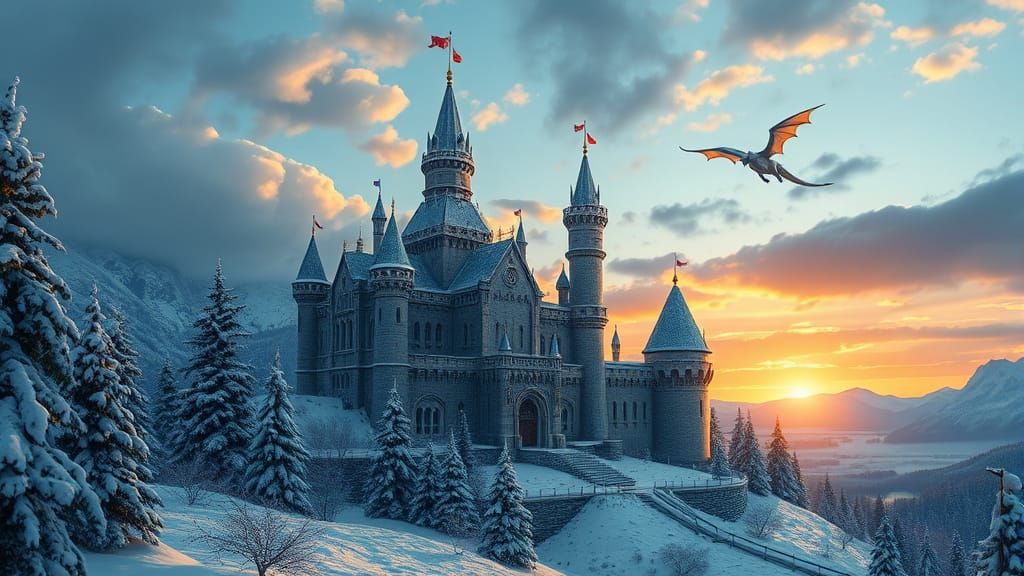 Epic Fantasy Castle in a Snowy Sunset Landscape with a White...