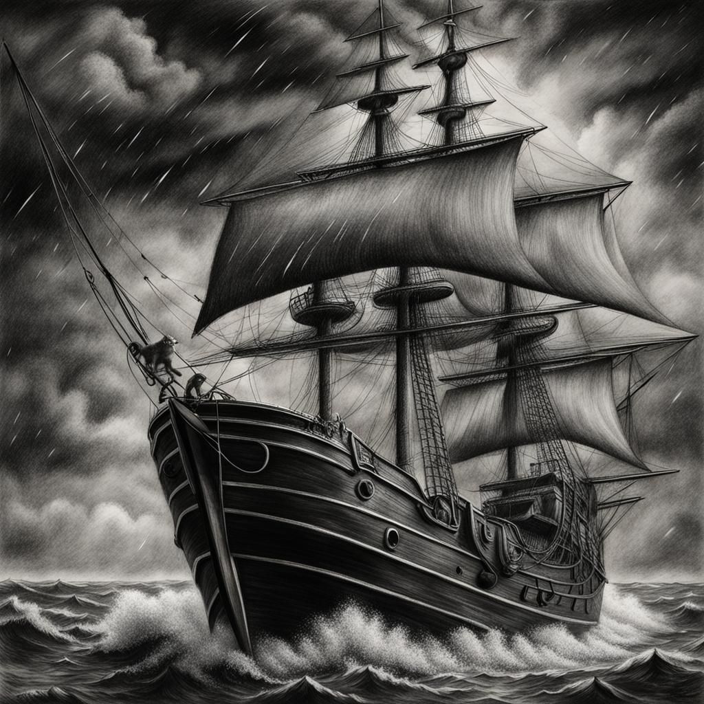 Pirate Cat Sailing Boat in Storm: Charcoal Drawing
