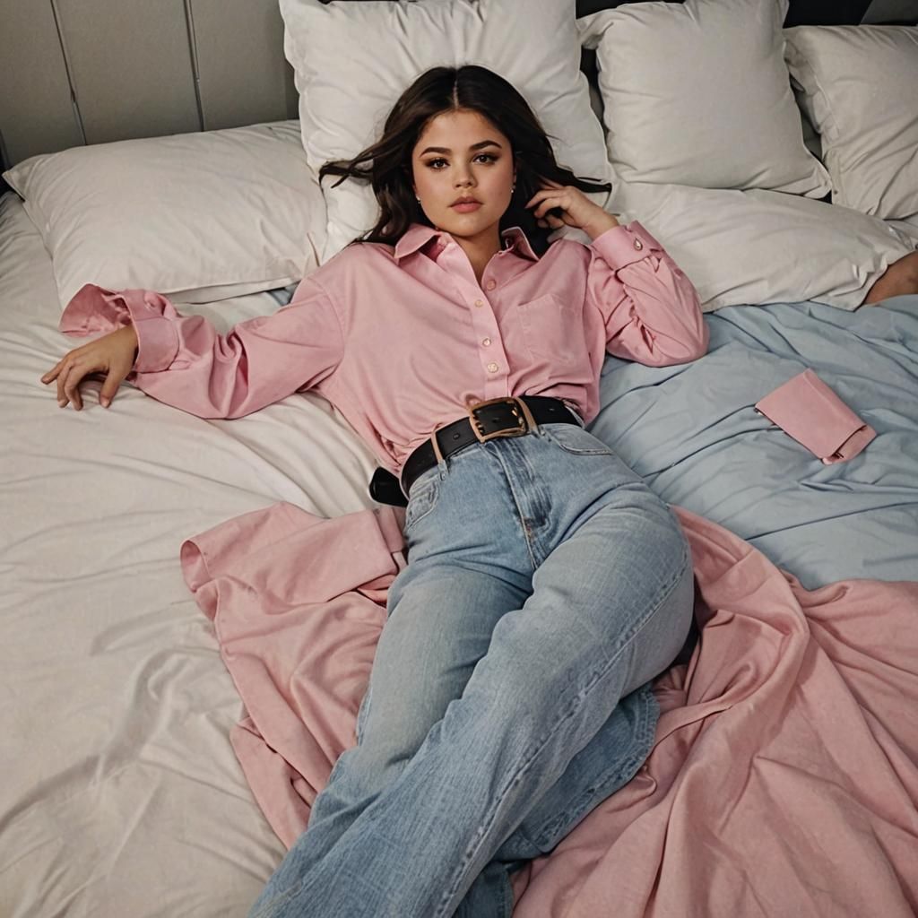 Selena Gomez in Pink Shirt and Blue Jeans
