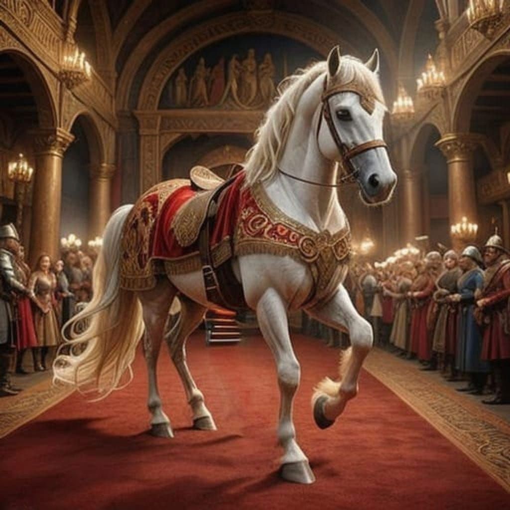 King Arthur's horse Llamrei, wearing a caparison, walking the red carpet