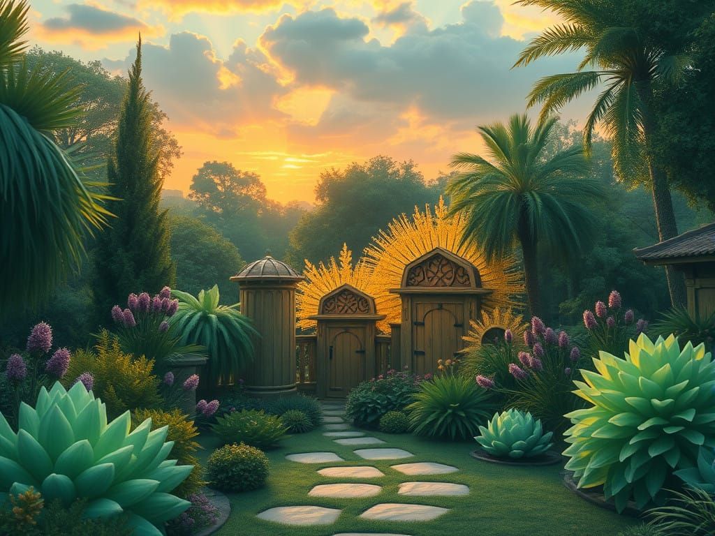 Emerald Garden Oasis in Golden Hour