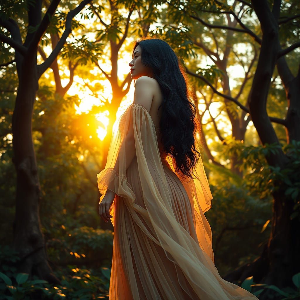 Ethereal Woman in a Lush Forest, Golden Light