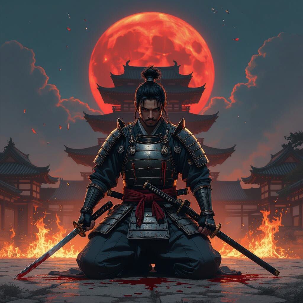 Samurai Kneeling Before Burning Temple in Fantasy Art Style