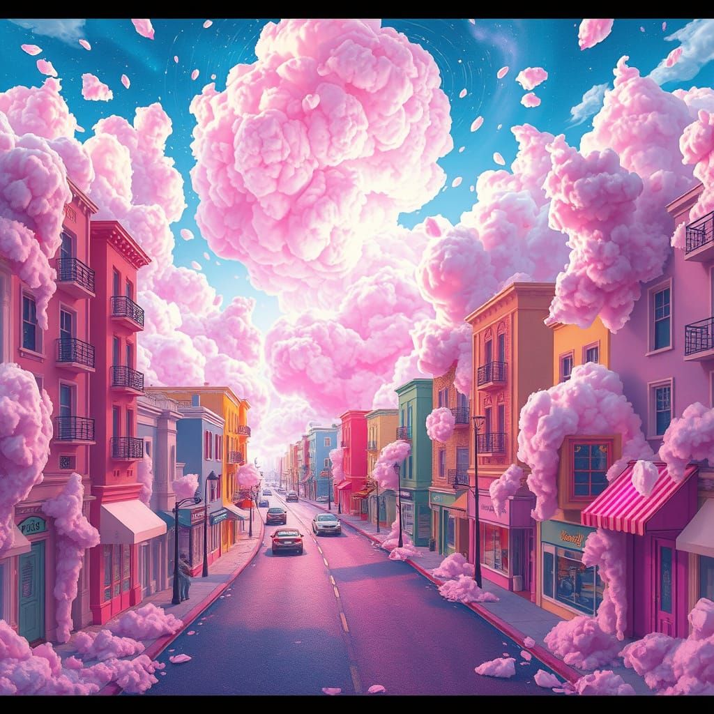 Surreal Pastel Cityscape with Iridescent Cotton Candy Univer...