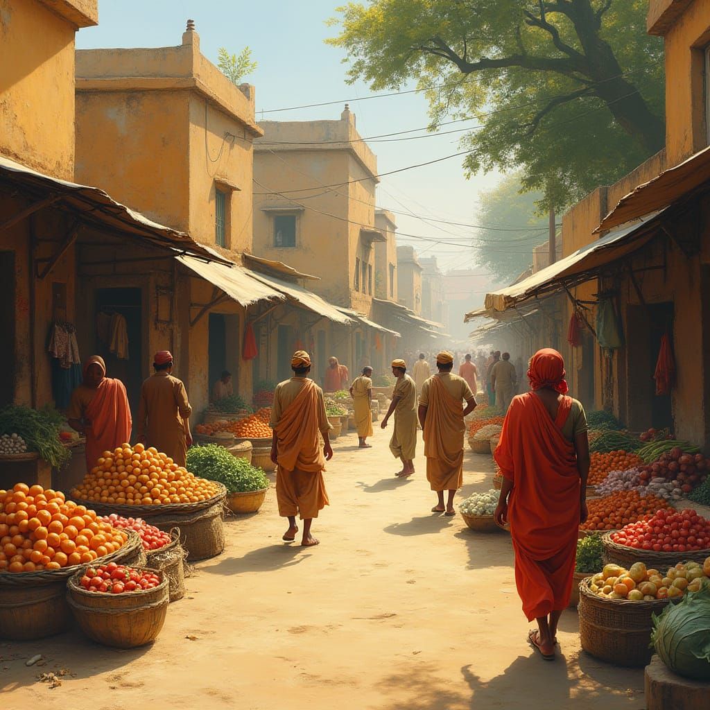 Colorful Indian Village Marketplace in Warm Sunlight