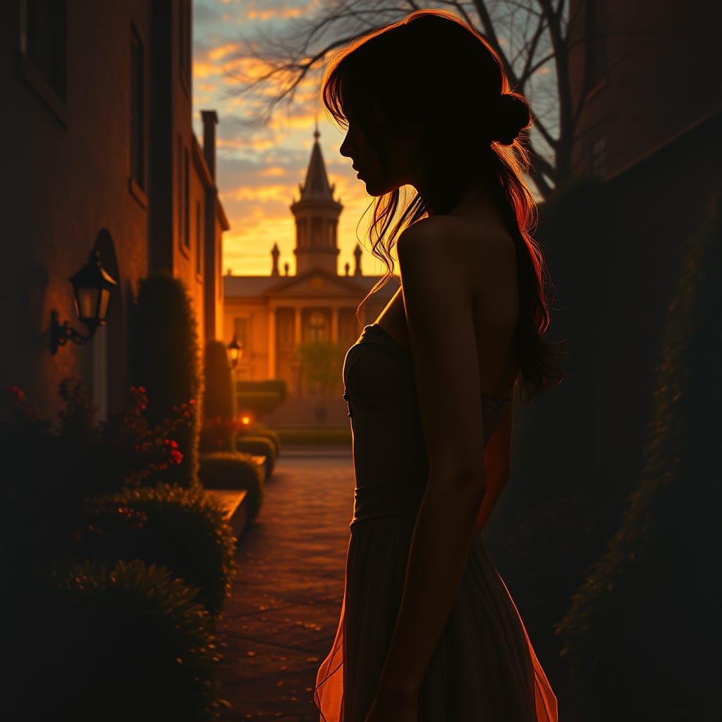 Silhouette at Sunset: Gothic Oil Painting