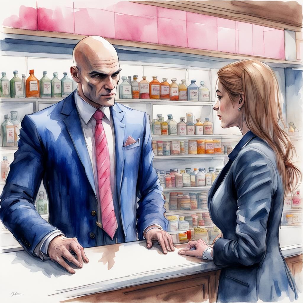 Agent 47 Conversation: Detailed Watercolor Sketch