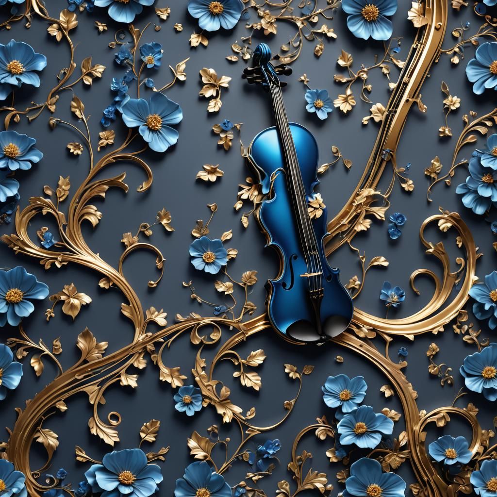 Glowing Blue Violin with Gold Ornamentation