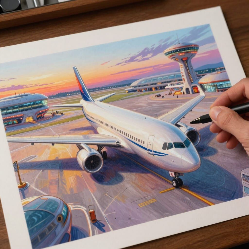 Surreal Futuristic Airport Scene with Artist