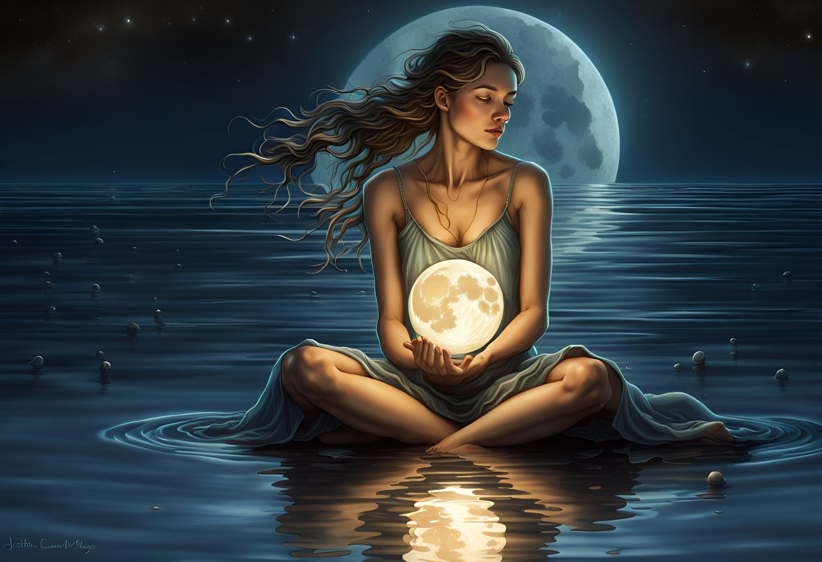 Luminescent Woman with Moon in Surrealist Style