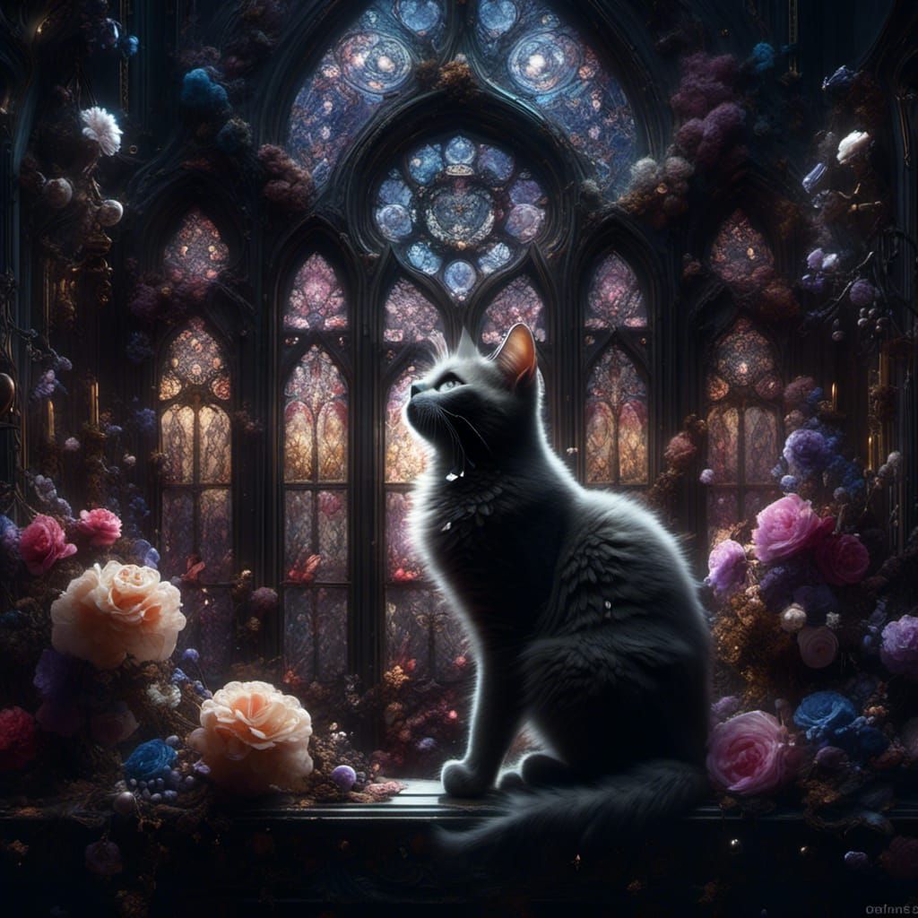 Stained Glass Cat and Flowers with Constellations