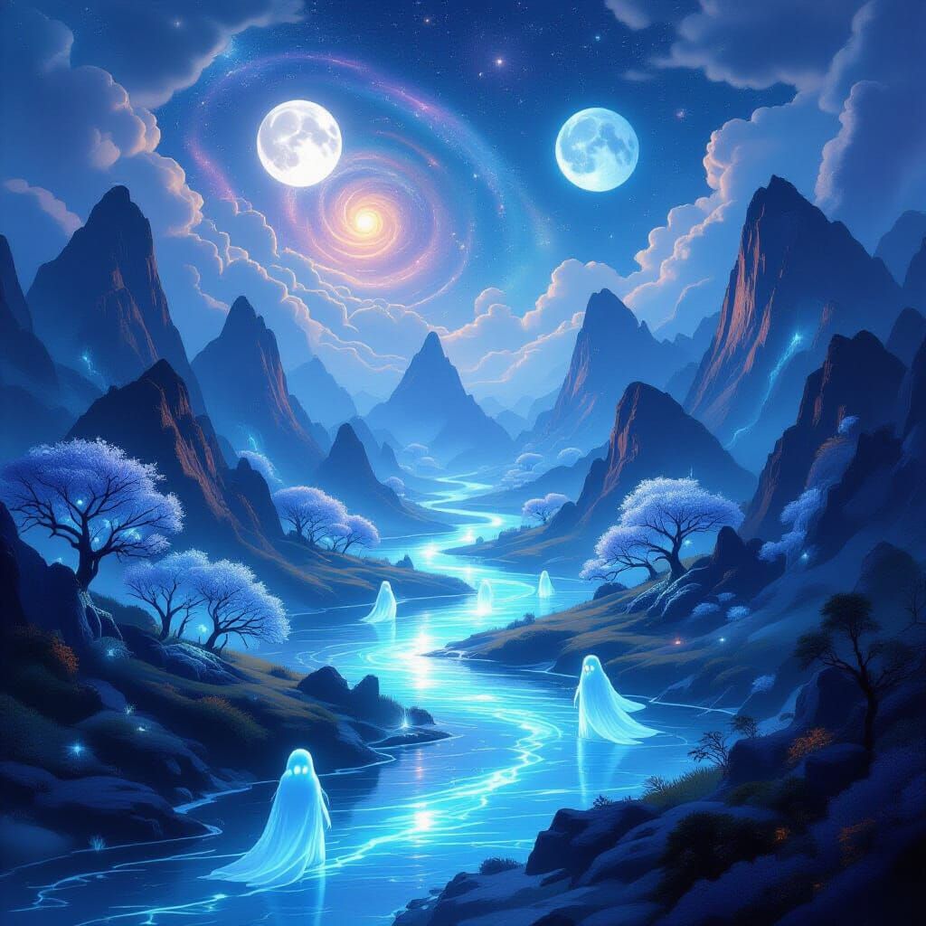 Glowing River Between Floating Mountains Under Twin Moons