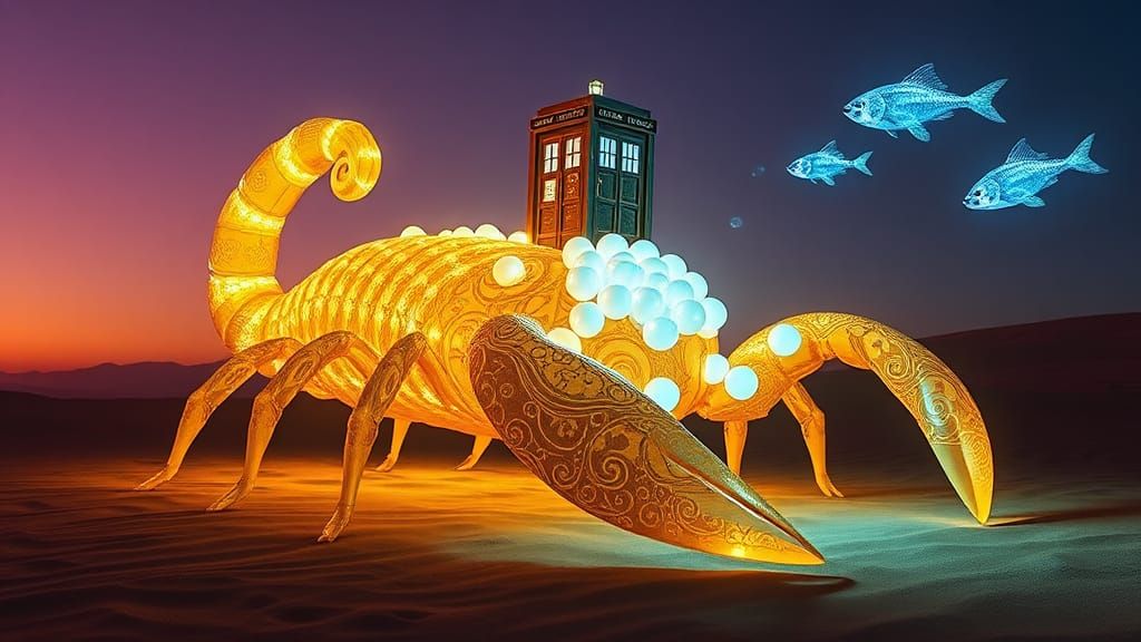 Golden Scorpion in Dreamlike Desert Landscape