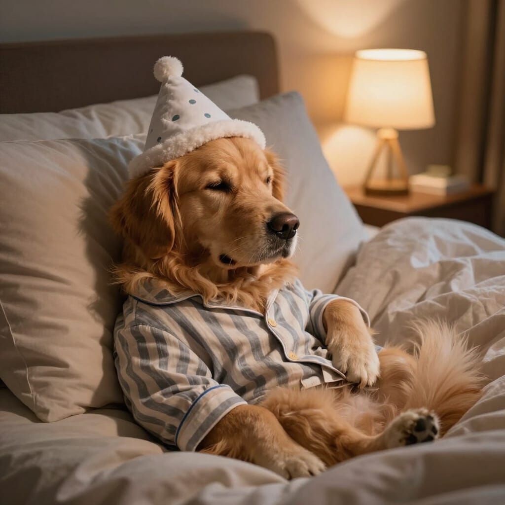 Contented Golden Retriever Dog in Pajamas Asleep in Bed