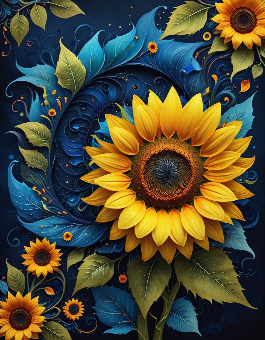 Vibrant Sunflower Amidst Fantasy Swirls and Dark Blue Backgr...