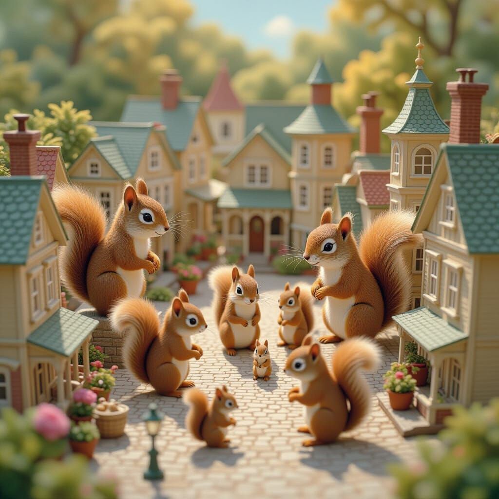 Squirrels in Miniature City: Whimsical Digital Art