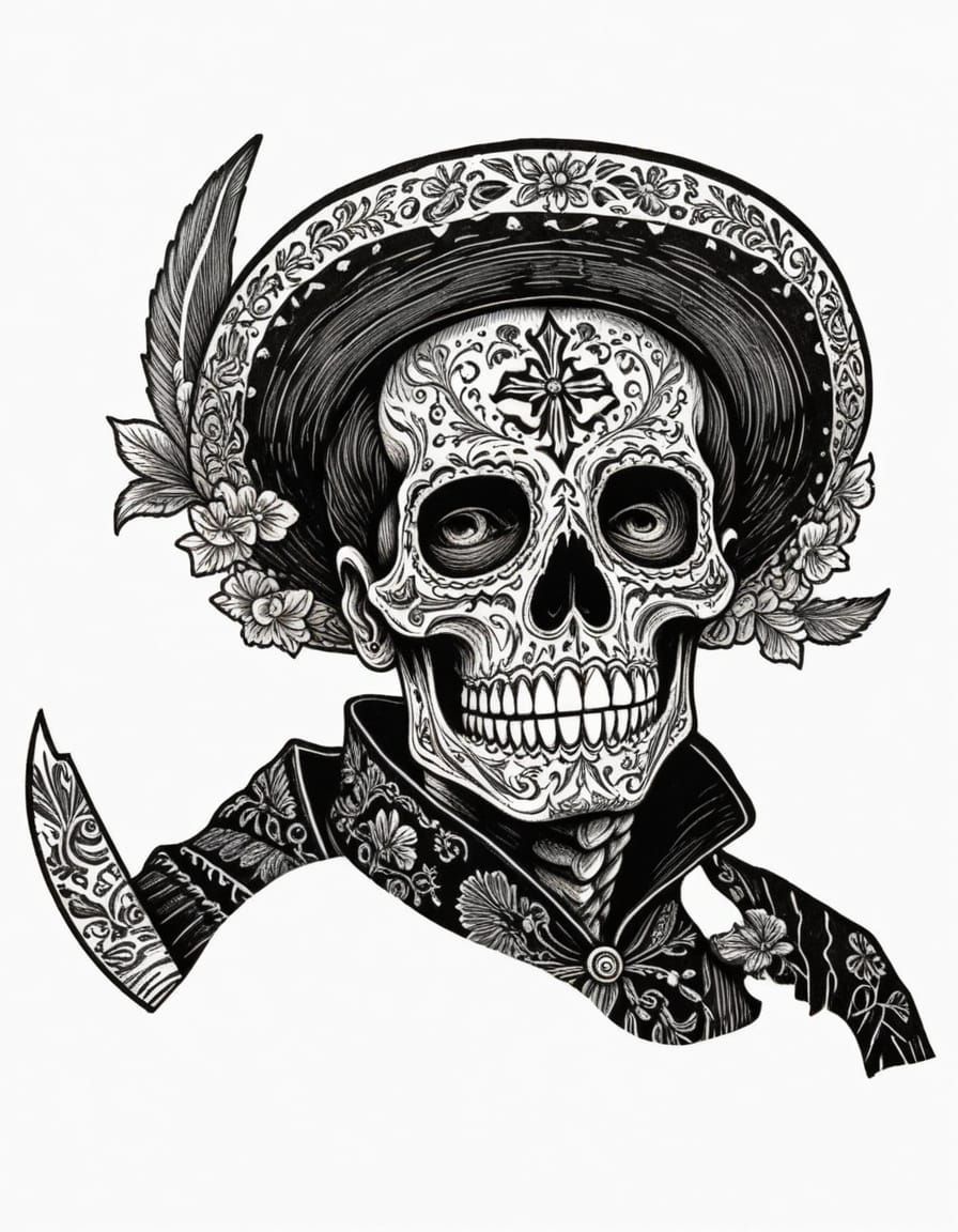 Man with Skeleton Face, Holding Machete in Traditional Mexic...