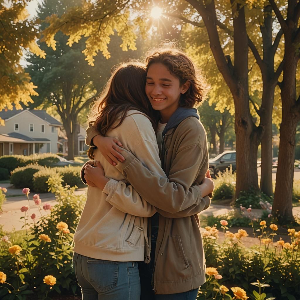 Affectionate Embrace Between Two Adolescent Friends