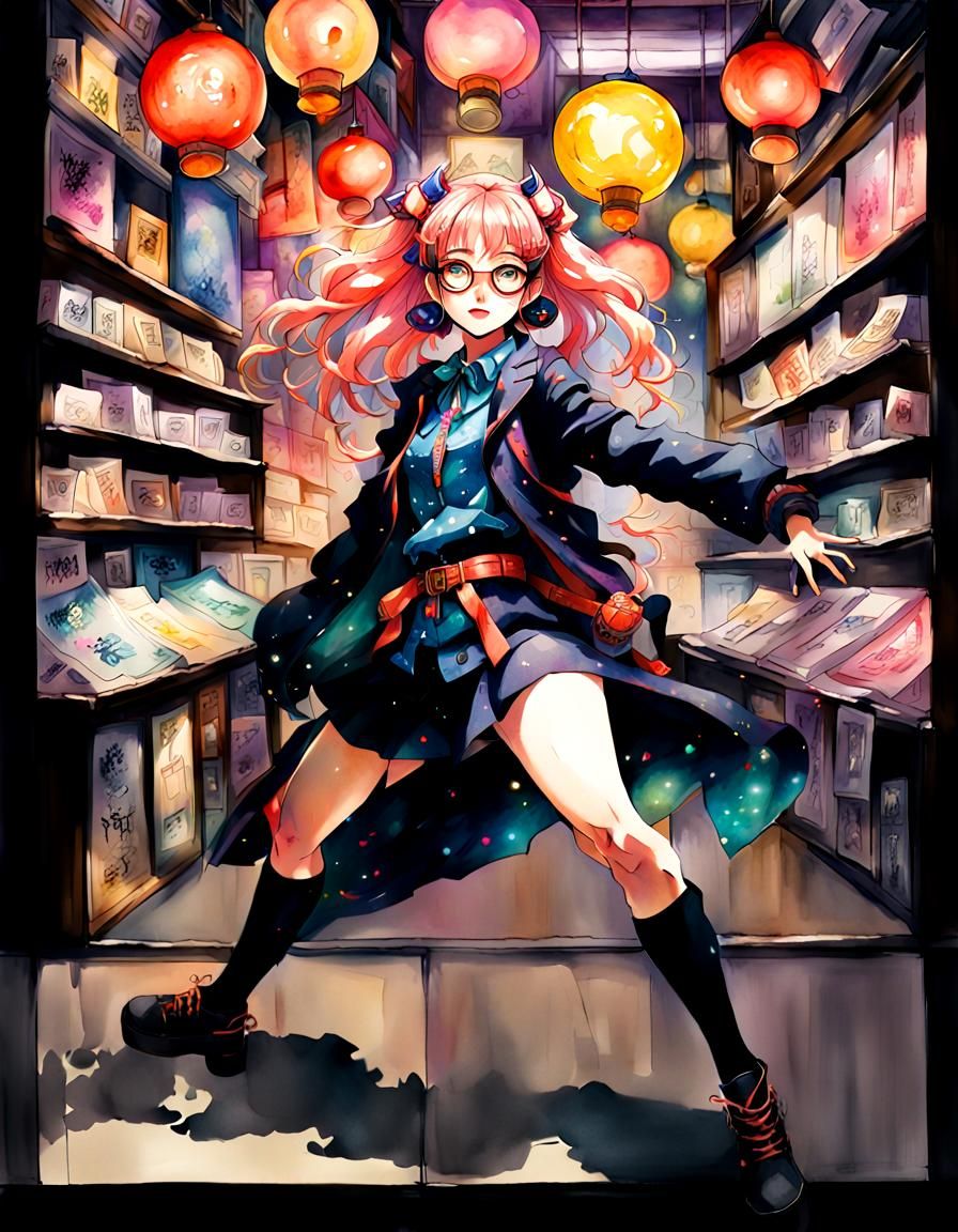 Happy Otaku Girl in Tokyo, Watercolor Anime Art