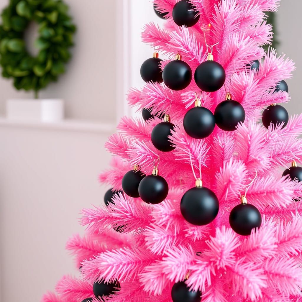 Pink Christmas Tree with Black Ornaments in Sleek, Stylish H...