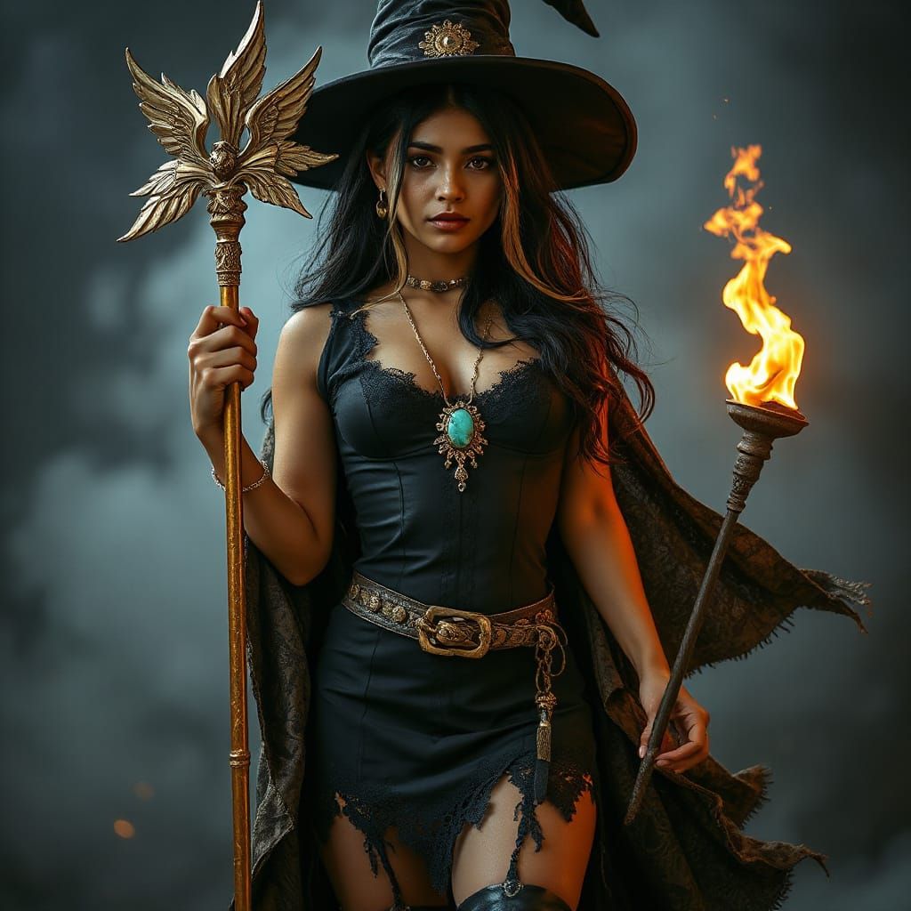 Latina Sorceress with Flaming Torch and Golden Staff