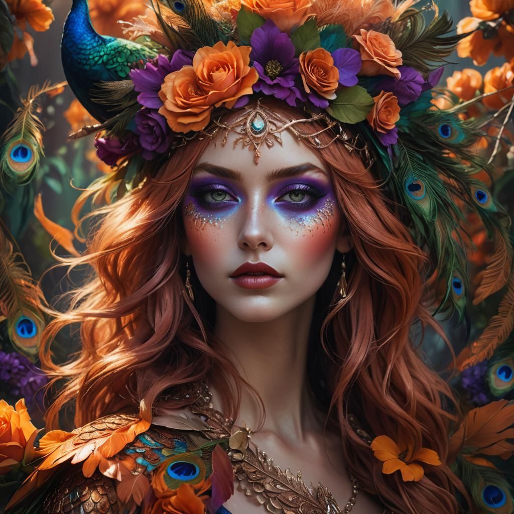 Fantasy Woman Portrait with Peacock Feather Hair