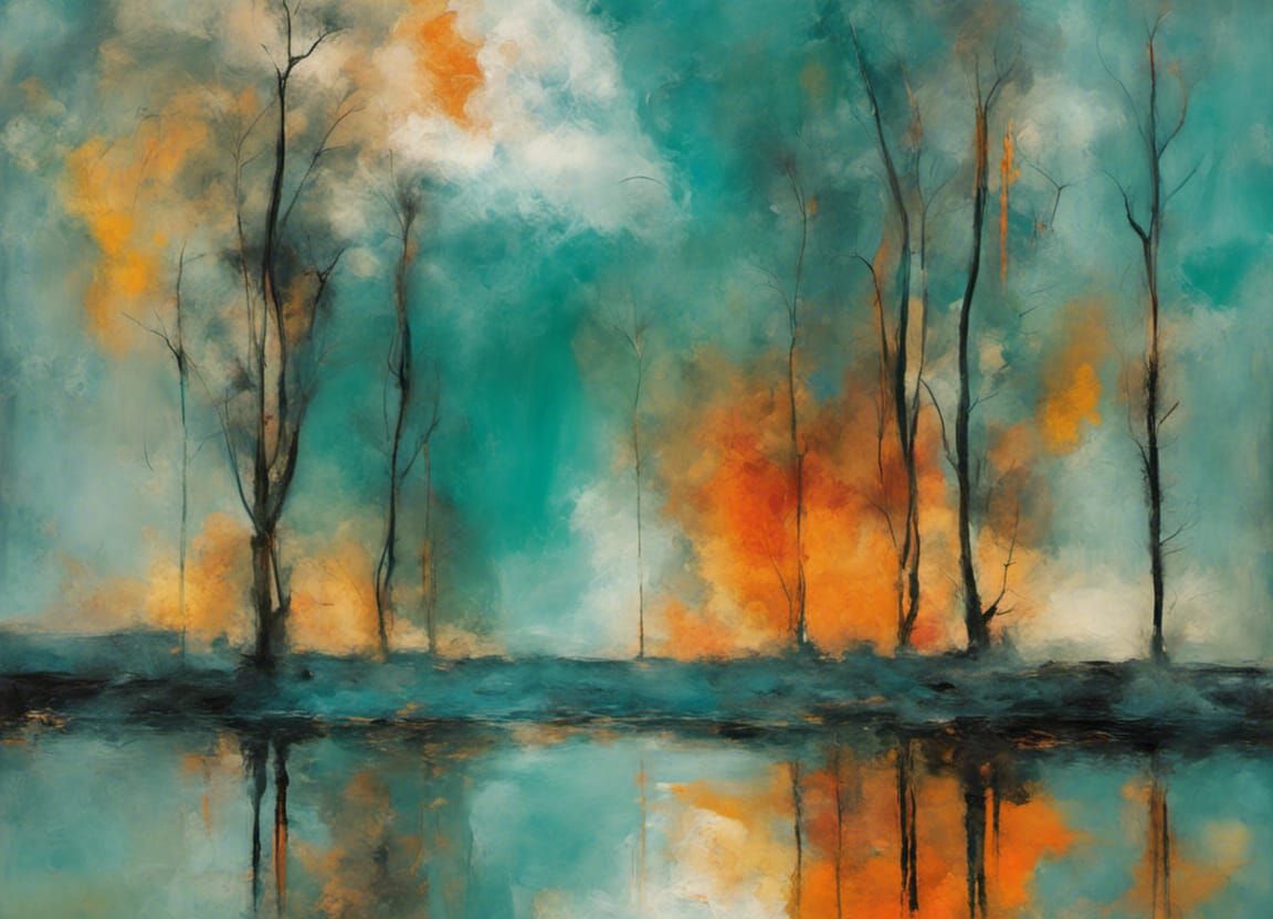 Abstract Lake and Forest Painting with Fire Rain