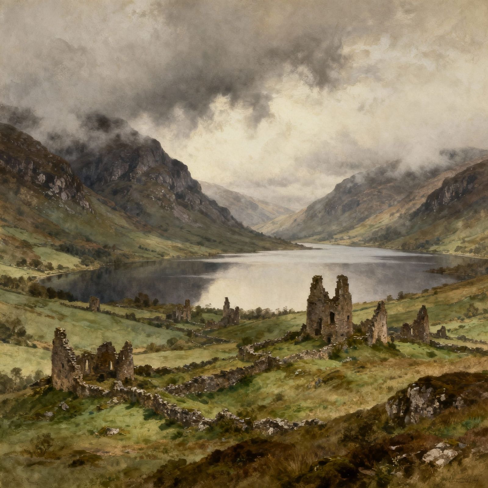 Scottish Highlands Misty Mountains and Loch Panorama