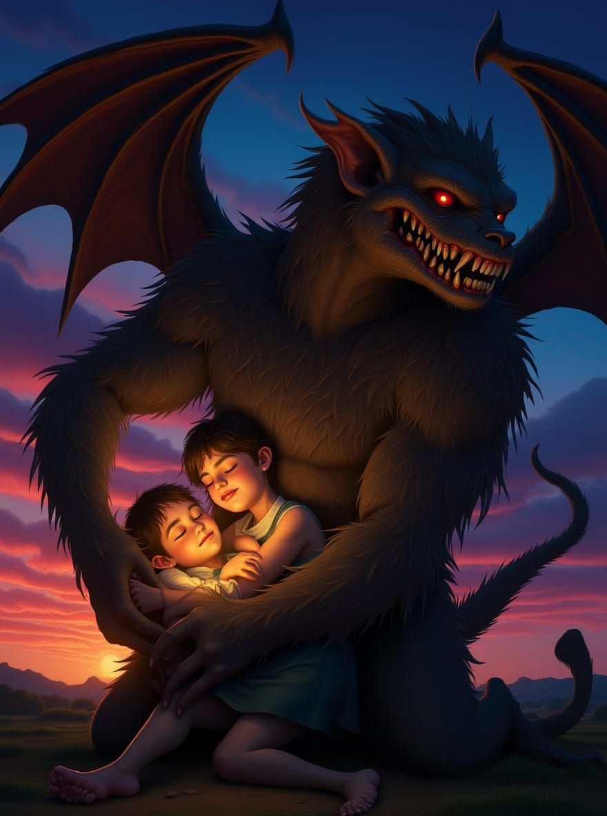 Gargoyle Protecting Children in Hyperrealistic Digital Art