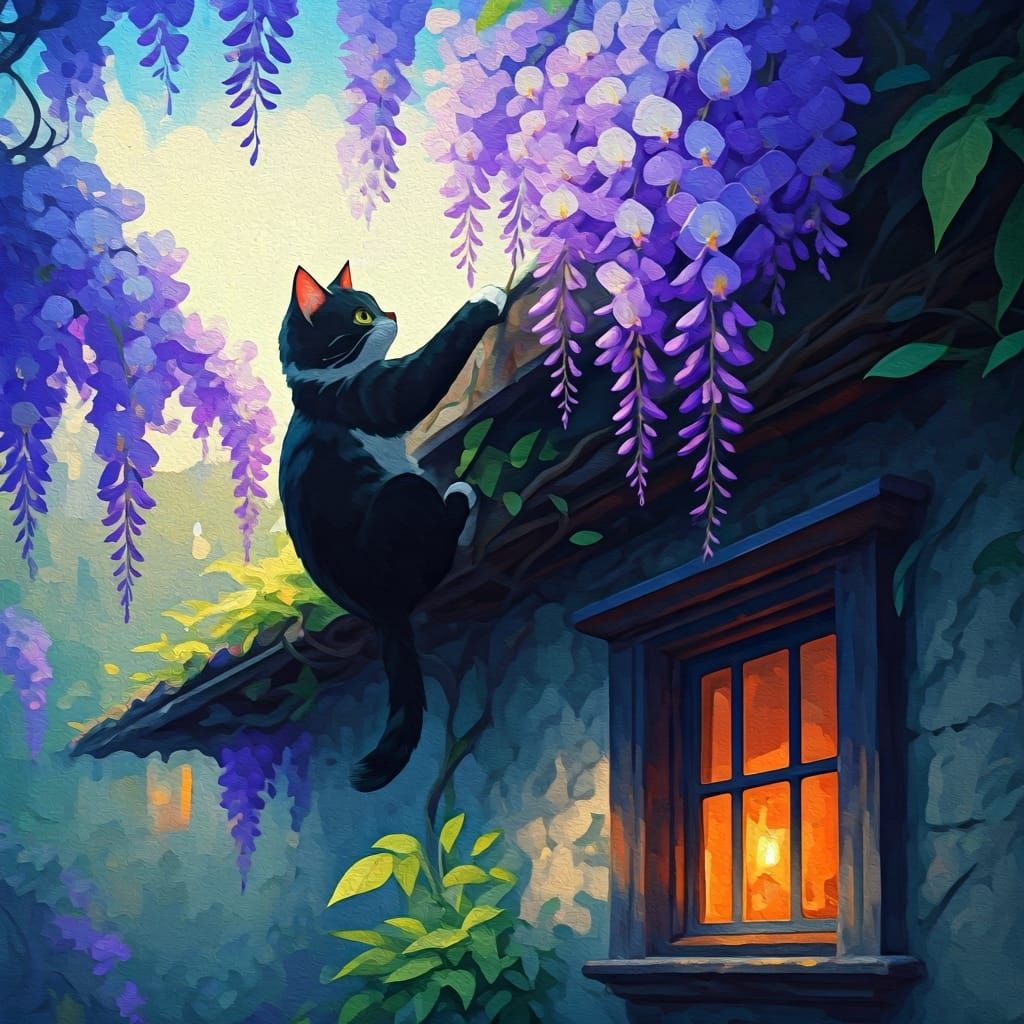 Storybook illustration, a cat climbing a wisteria