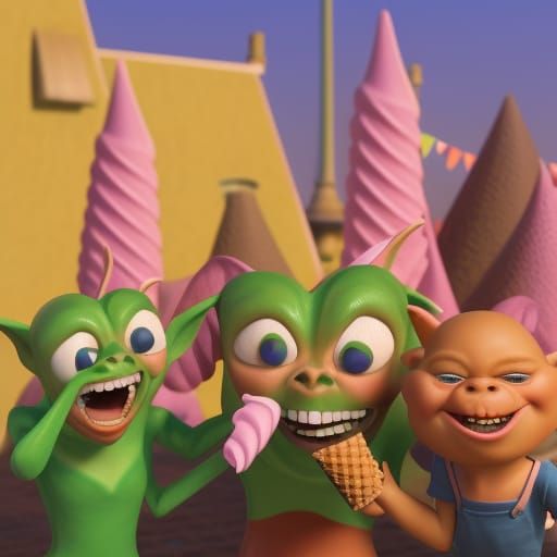 a happy family of goblins eating ice cream cones
