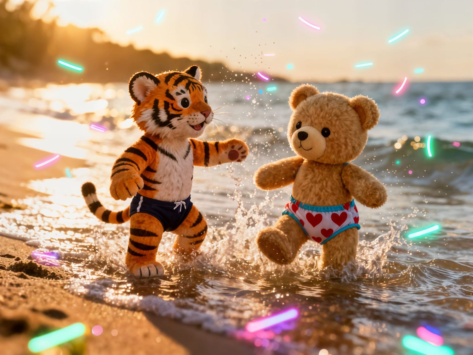 Cute Tiger Being and Teddy Bear Enjoy Sunny Beach Swim