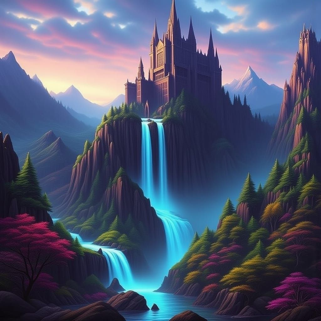 Ethereal Fantasy Fortress Amidst Turbulent Waterfalls