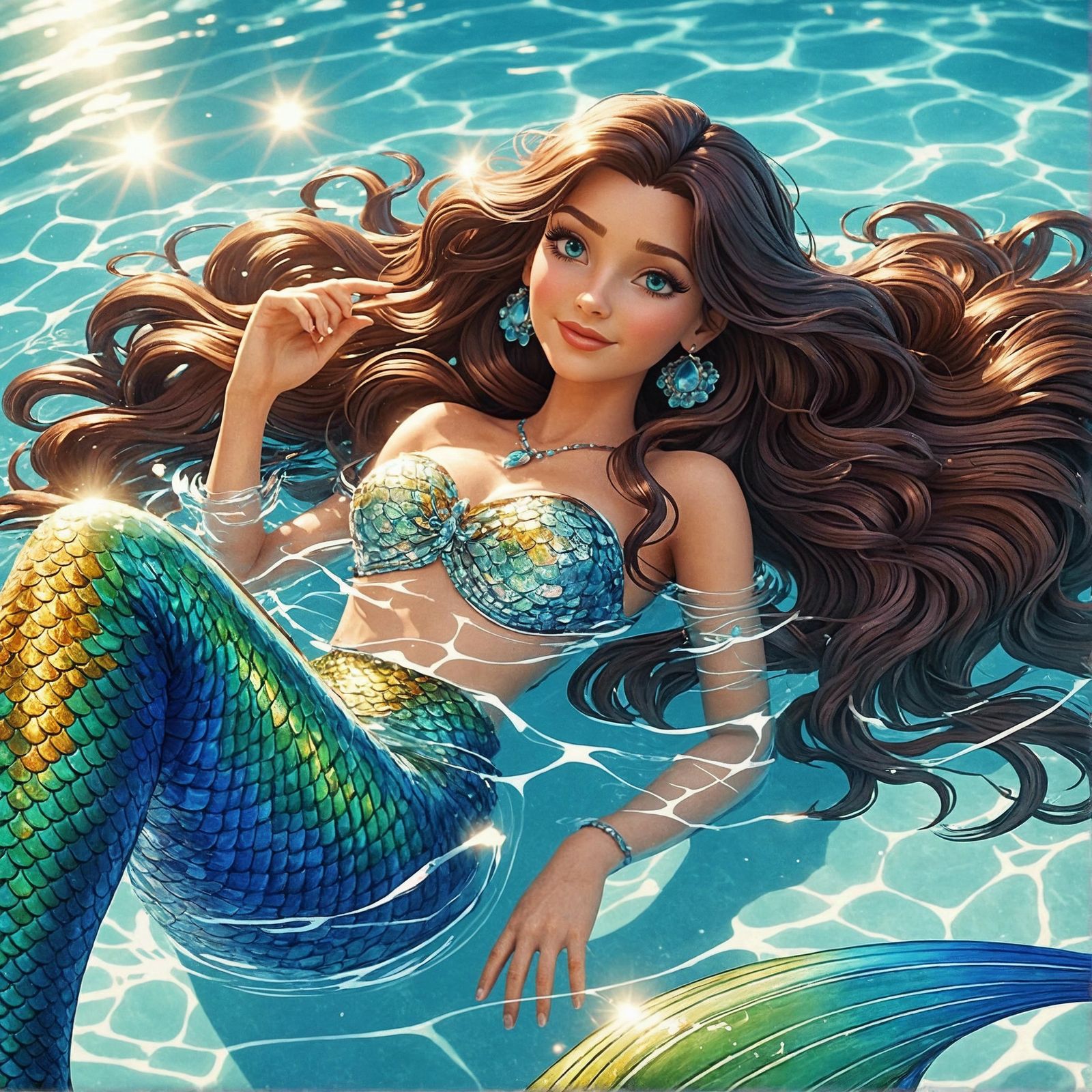 Relaxed South Asian Mermaid in a Flowing Pool