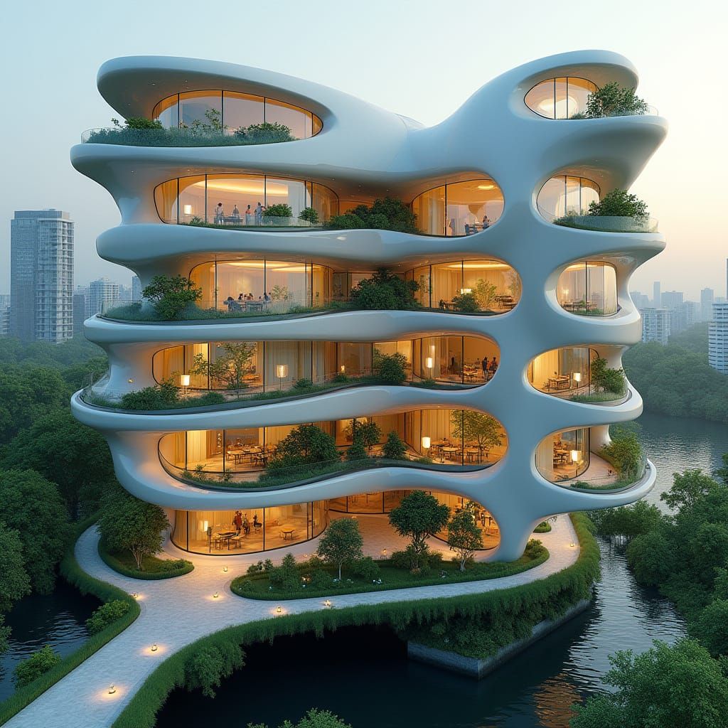 Futuristic Flower Buildings in Cream and Blue