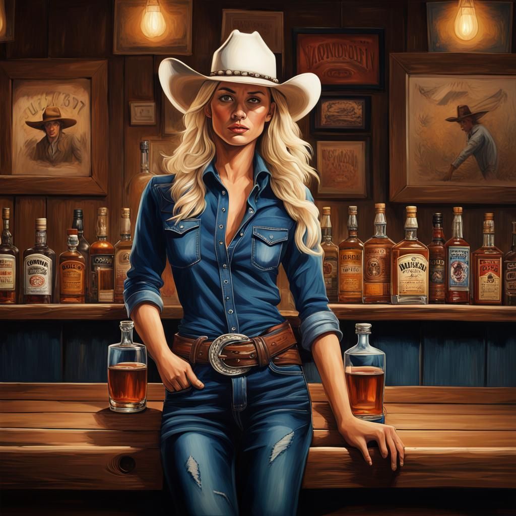 Women in Cowboy Fashion at Saloon, Hyperrealistic Art