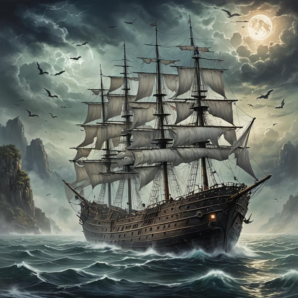 Ethereal Ghost Ship Sailing the Night Sea