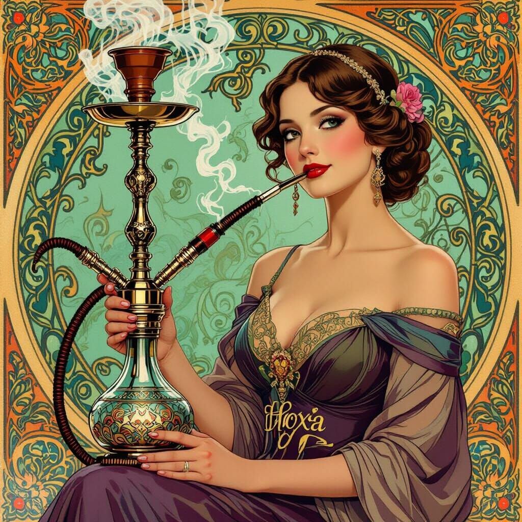Elegant Woman with Hookah, Alphonse Mucha Style