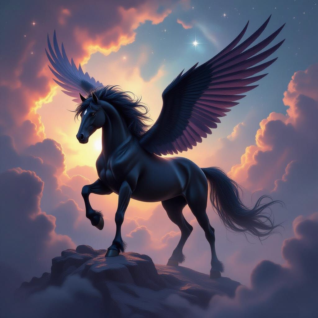 Black Pegasus Soaring Through Cosmic Nebula