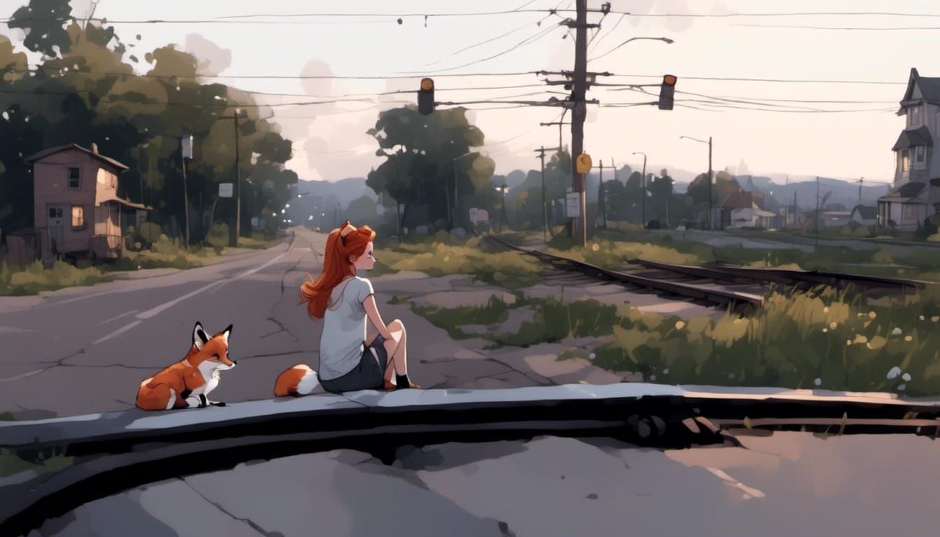 Fox-girl VIXEN explores the abandoned railroad tracks.