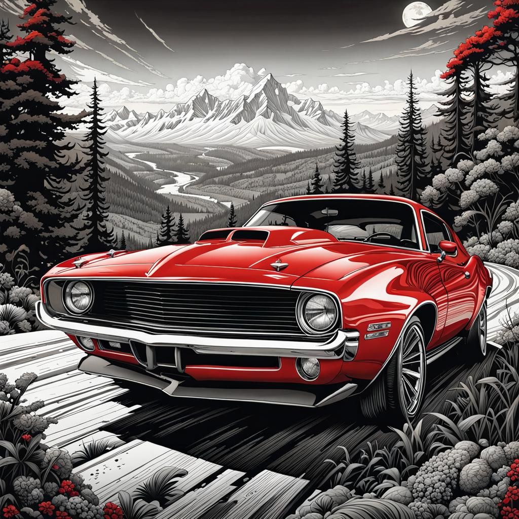 Red Muscle Car in Maximalist Ink Landscape