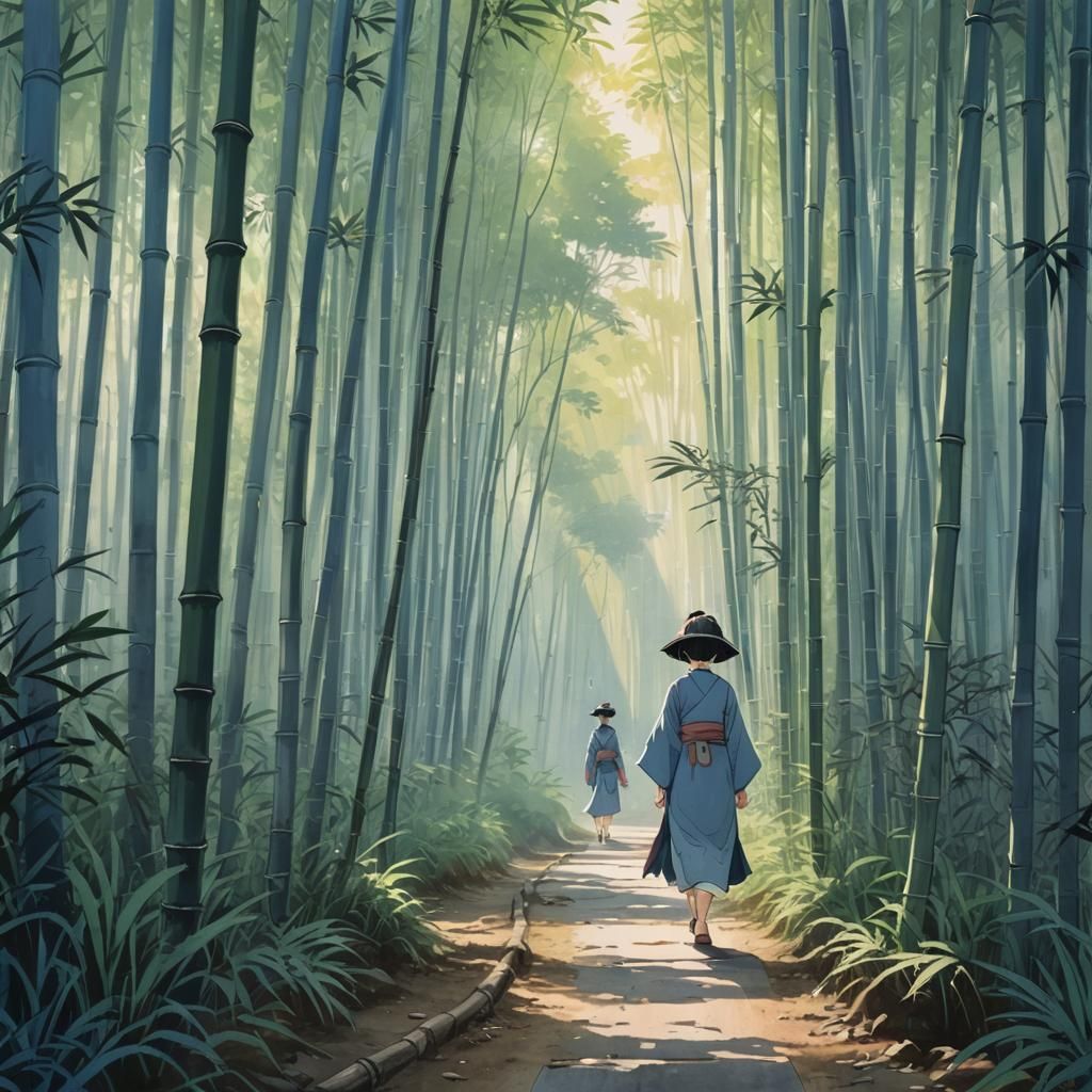 Girl in Bamboo Forest: Ukiyo-e Style Print