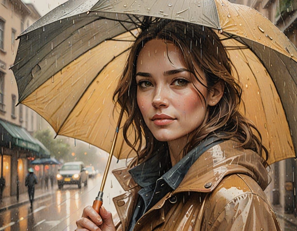 Woman Holding Umbrella in Soft Watercolor Pencil Sketch