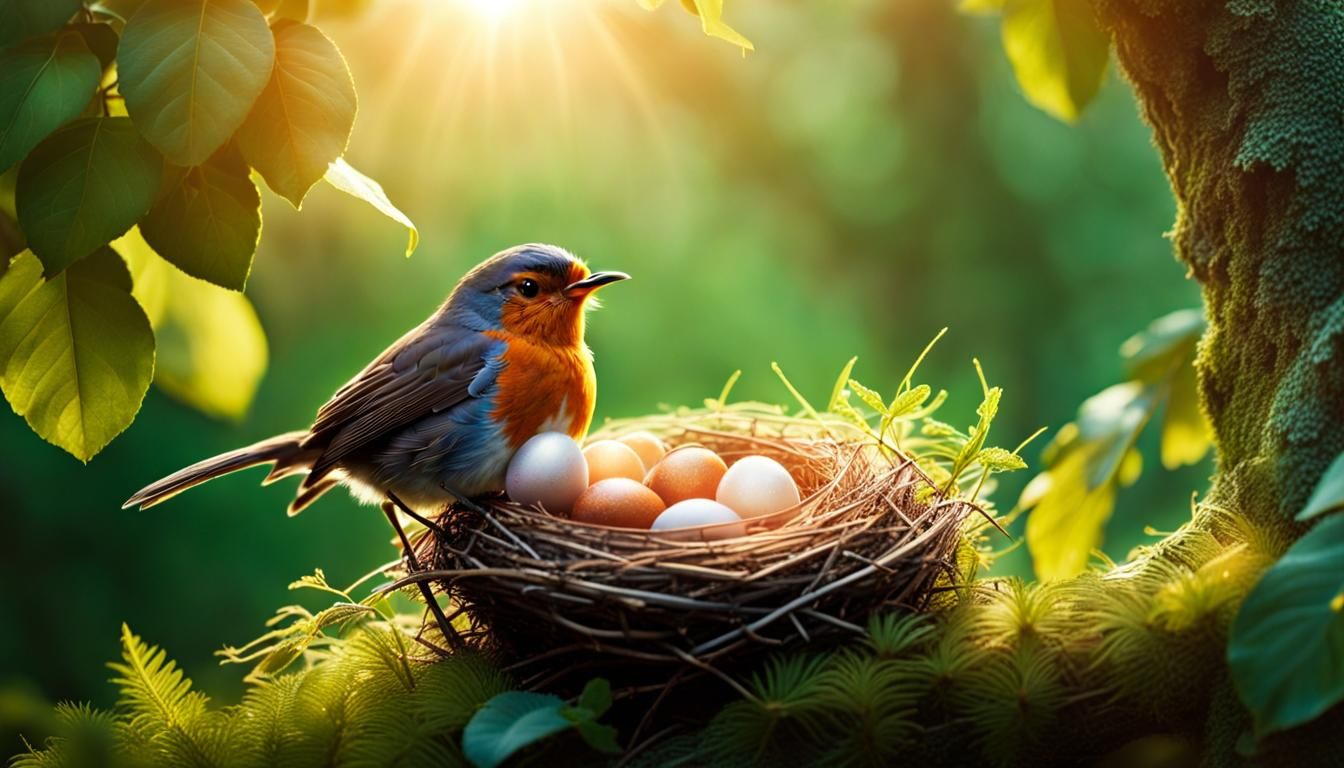 photorealistic: hyperrealistic portrait : beautiful adorable and cute robin on its nest of eggs: cinematic 4D filmic #fi...