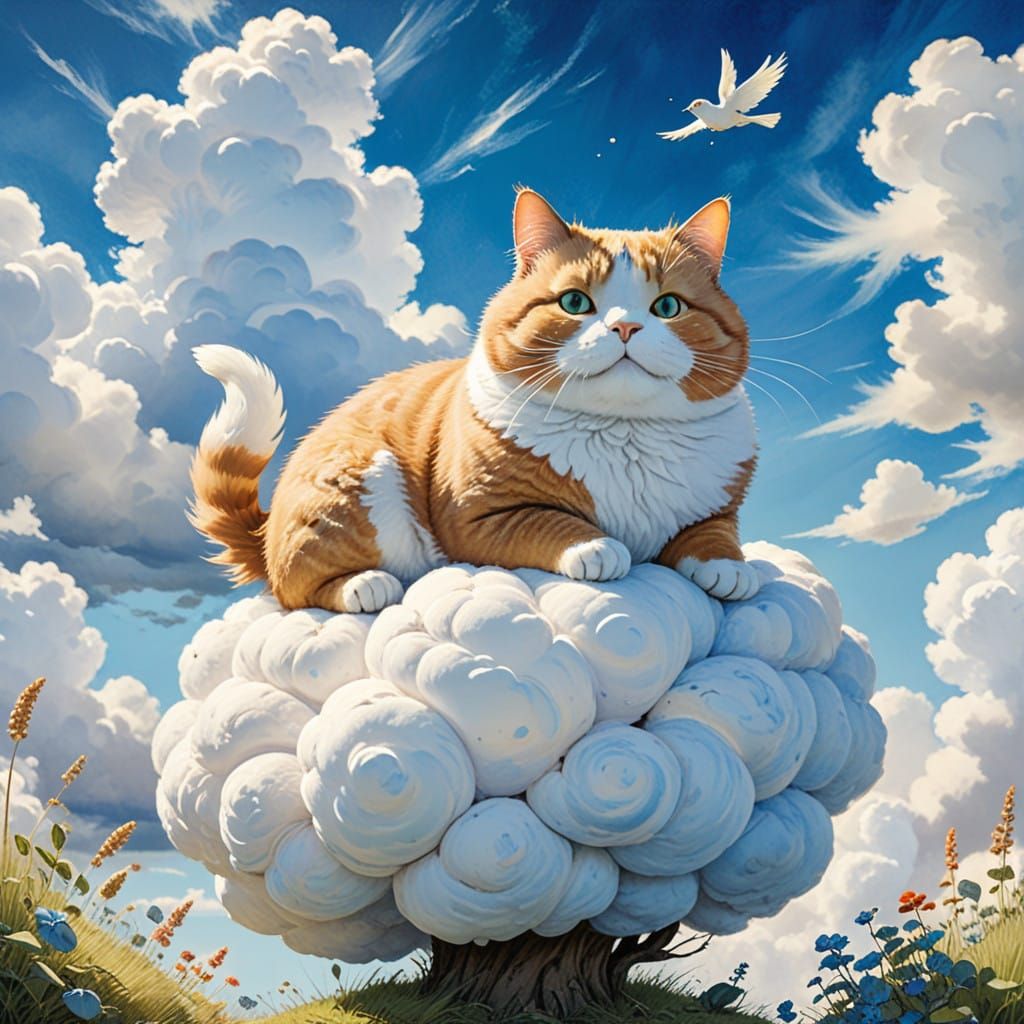 Dreamy Fat Cat on a Cloud in Whimsical Style