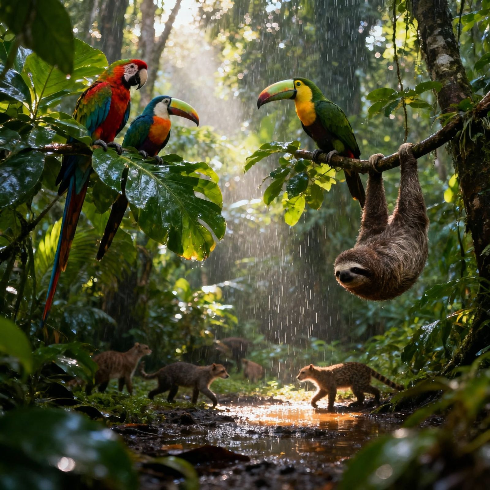 Vibrant Rainforest with Exotic Birds and Animals