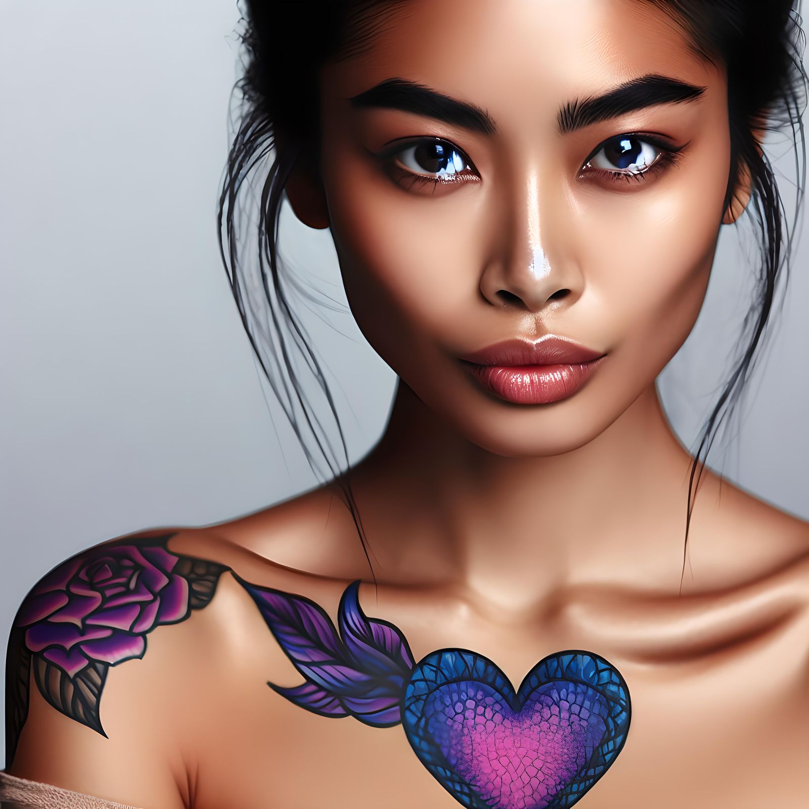 Striking Portrait of Asian Woman with Heart Tattoo