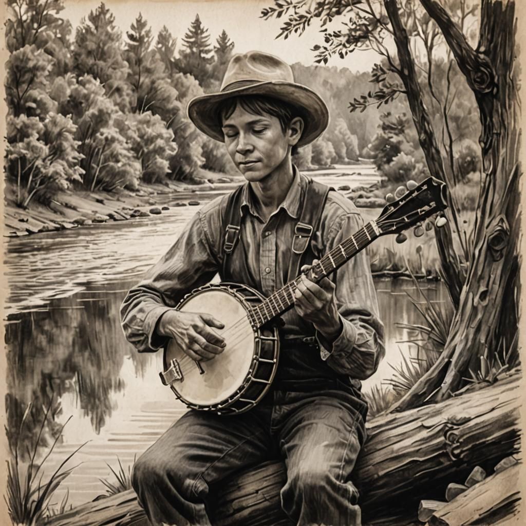Boy Plays Banjo: Expressive Charcoal Sketch